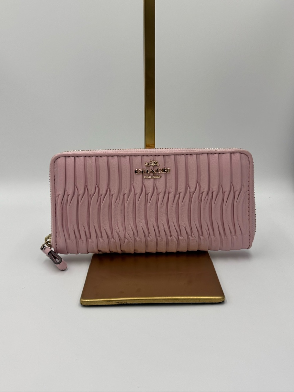 Coach Pink Ruched Zip Around Wallet with Gold Logo
